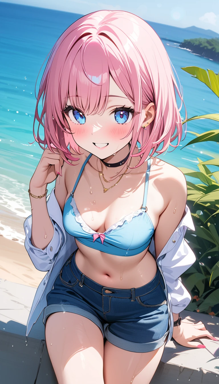 (1 girl),(Best Picture Quality, 8K, Masterpiece:1.3), (high school student:1.5), ((pink lob hair:1.1)), (bob cut),(swept bangs), (cute eyes, pupil black, iris skyblue, youthful face), (mole under right eye), (standard weight), (small breasts), (glistening skin:1.1),(pale skin:1.2),((Gyaru fashion:1.3)),(wet:1.1),((summer scene:1.2)),(magnificent view),(overlooking),(Smile).