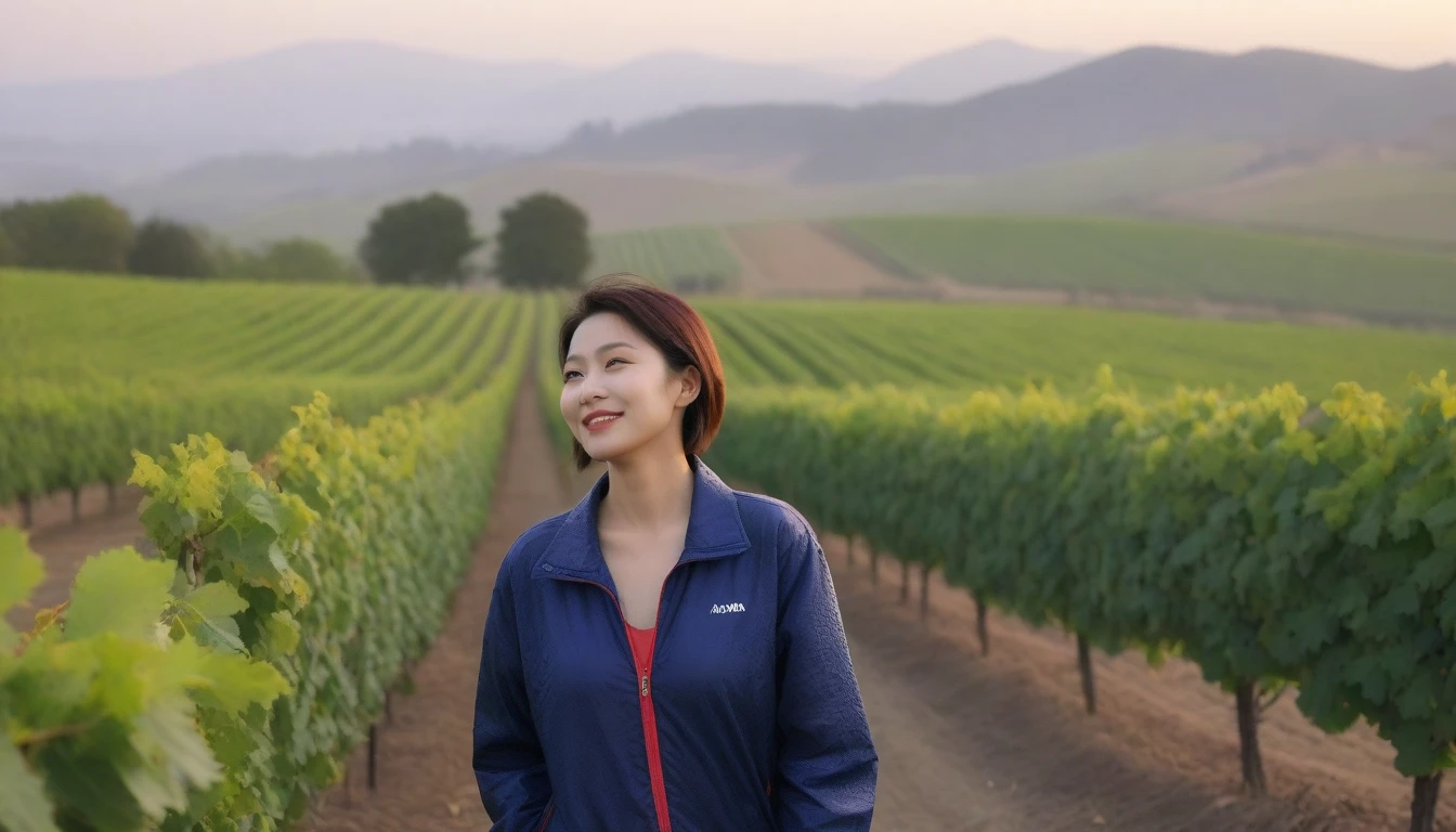 beautiful scenery, 8K Top Quality, Vivid picture quality, 1 woman, Beautiful 36-year-old Korean woman, Chest size 34 inches, Model-level beautiful woman, Dawn in the countryside, Napa Valley, California, USA, Red light, A vineyard plain can be seen in the distance in a thick fog.. Red sunshine, The background is realistic and vivid quality.., short medium bob hair, Top that goes up to the neck , High-end luxury brand windbreaker jacket, casual pants, Perfect and realistic photos, The background is realistic.. Full body shot with Canon camera 16-35 wide angle lens, Smiling, Looking down on the vineyards from the vineyard hill in thick fog, towards the front camera
