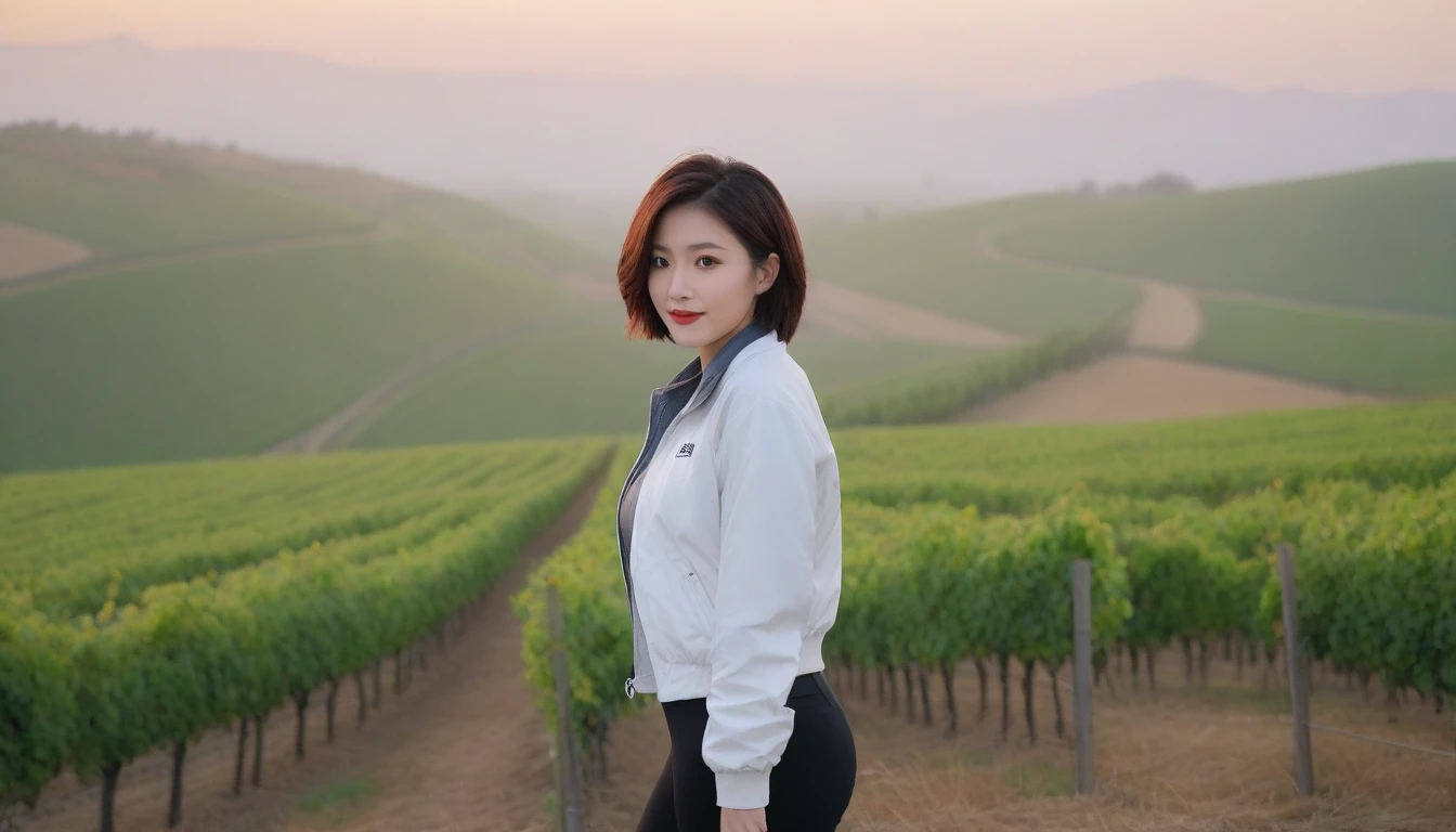 beautiful scenery, 8K Top Quality, Vivid picture quality, 1 woman, Beautiful 36-year-old Korean woman, Chest size 34 inches, Model-level beautiful woman, Dawn in the countryside, Napa Valley, California, USA, Red light, A vineyard plain can be seen in the distance in a thick fog.. Red sunshine, The background is realistic and vivid quality.., short medium bob hair, Top that goes up to the neck , High-end luxury brand windbreaker jacket, casual pants, Perfect and realistic photos, The background is realistic.. Full body shot with Canon camera 16-35 wide angle lens, Smiling, Looking down on the vineyards from the vineyard hill in thick fog, towards the front camera