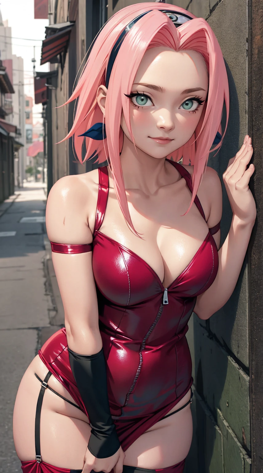 tmasterpiece， Best quality at best， 1girll， Sakura Haruno， Large breasts，Off-the-shoulder attire，upperbody closeup)，Raised sexy，is shy，ssmile，with pink hair， Green eyeballs:1.4)， Forehead protection， pulled down zipper, (prostitute clothes:1.5), alley, prostitute, deep cleavage, slutty, slutty clothes,