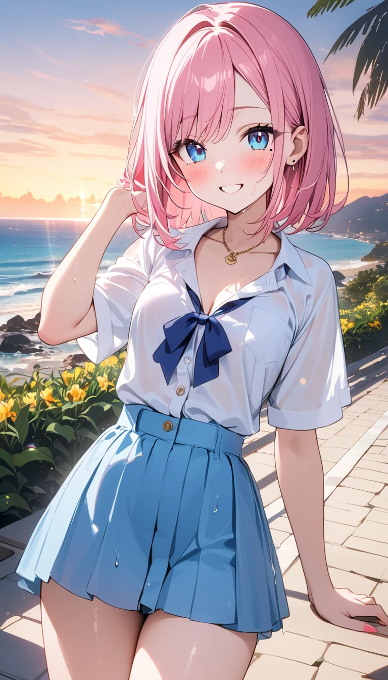 (1 girl),(Best Picture Quality, 8K, Masterpiece:1.3), (high school student:1.5), ((pink lob hair:1.1)), (bob cut),(swept bangs), (cute eyes, pupil black, iris skyblue, youthful face), (mole under right eye), (standard weight), (small breasts), (glistening skin:1.1),(pale skin:1.2),((Gyaru fashion:1.3)),(wet:1.1),((summer scene:1.2)),(magnificent view),(overlooking),(Smile).