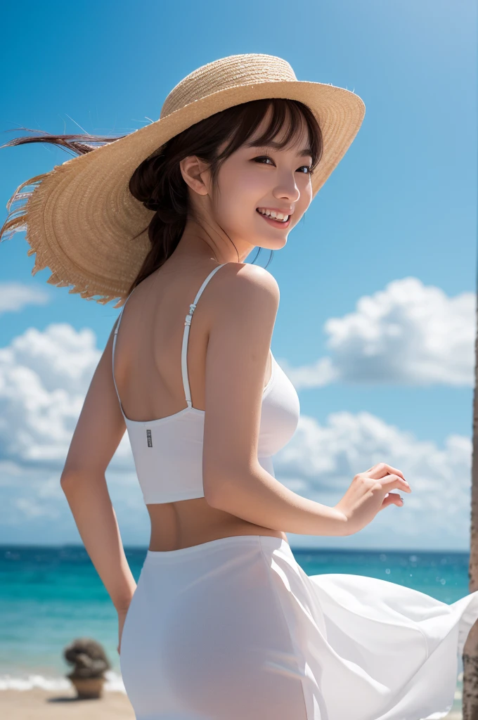 (8k, RAW photo, best quality, masterpiece:1.2), (realistic, photo-realistic:1.4), (extremely detailed 8k wallpaper), Japanese 20 age woman, she is wearing a white dress,The background is the sea,The wind blows my skirt up,she is smiling,ponytail,My skirt floats up in the wind and I can see my underwear.,I'm wearing a straw hat, but it looks like it's going to be blown away by the wind. 