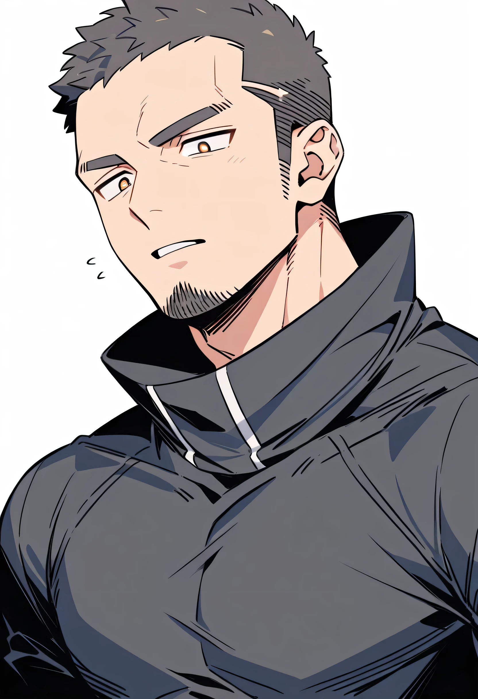 anime characters:Priapus, Muscle Sports Student, Buzz Cut, Manliness, male focus, Light Grey high collar long sleeve tight T-shirt, Very tight, Round, full and perky chest muscles, muscular male, muscular, only, Upper body, alone, Black short hair, Thick eyebrows, stubble, Brown-red pupils, White background, simple background, amazing quality, best aesthetics, Ridiculous, crew cut, parted lips, flustered, endured face, best quality