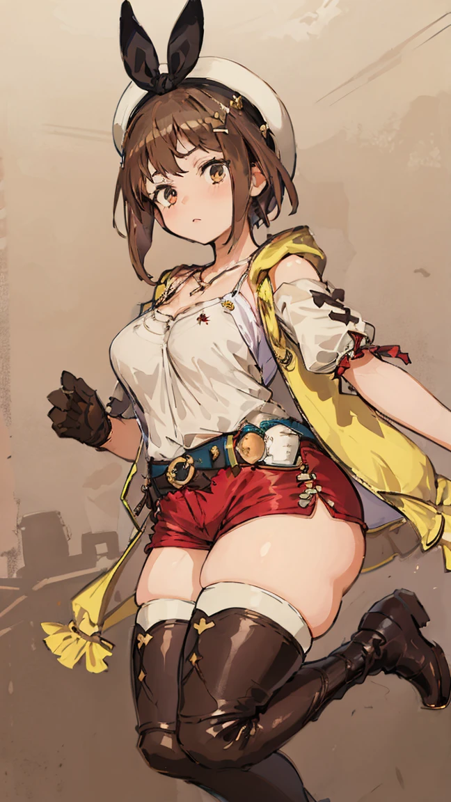 (Highest quality, 8K, masterpiece :1.3),Lizaリン・シュタウト(Lizaのアトリエ),Liza, One woman,Large Breasts,short hair,Brown Hair,hair band,Clothing,hat,White shirt,White camisole,Red shorts,Brown long boots,Full Nelson,Leg spread,nsfw,Plump body,Thighs