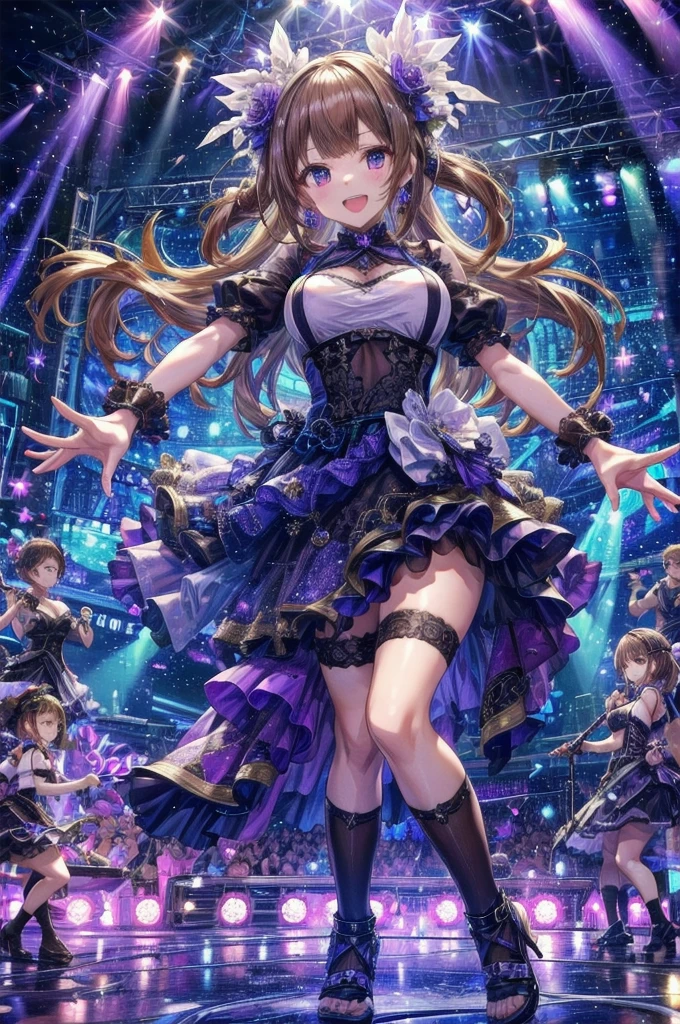 Highest quality、Complete limbs、Full Finger、Slender beauty、Straight Hair、Brown Hair、Deresute、green, White and purple idol costume、Knee-high socks、Beautiful big breasts、Live Stage、sing、Dancing、Big smile
