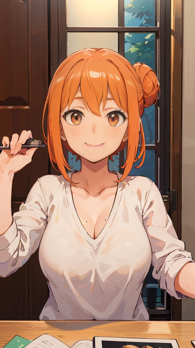 (Highest quality, 8K, masterpiece :1.3),Mrs. Yuigahama,ガハMom, As I expected, my youth romantic comedy is wrong。, One woman,Bun Hair,30 years old,Mom,Orange Hair,nsfw,Bewitching Smile,Sexy pose,Sex with a man