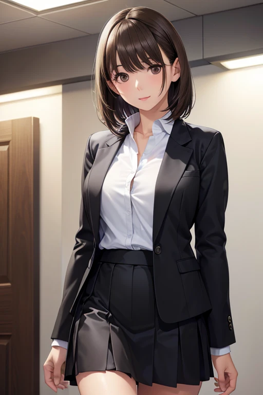 anegasaki nene、Shiny brown hair, short hair, (Beautiful brown eyes、Sparkling eyes, Fine grain)、smile、Ultra-detailed eyes、Highly detailed face, Highly detailed eyes,Cowboy Shot、



masterpiece、Highest quality、High resolution、High-quality images、
8K, 1 female、
(masterpiece:1.2, Highest quality), (Realistic, photoRealistic:1.4), Beautiful illustrations, (Natural Side Lighting, Cinema Lighting), 
View your viewers, Face Focus, Upper Body, 1 Girl, Japanese, 17 years old, Perfect Face, Perfect body, Cute and symmetrical face, Shiny skin, Baby Face, 
 (Middle chest, Captivating thighs), , 
Beautiful Hair, Beautiful Face, Beautiful attention to detail, Beautiful clavicle, Beautiful body, Beautiful breasts, Beautiful thighs, Beautiful feet, Beautiful fingers, 
(((Black Business Jacket, Closing the garment), White collared shirt, Black tight skirt), ), 
(Beautiful views), evening, (office), Are standing, (anxiety), 