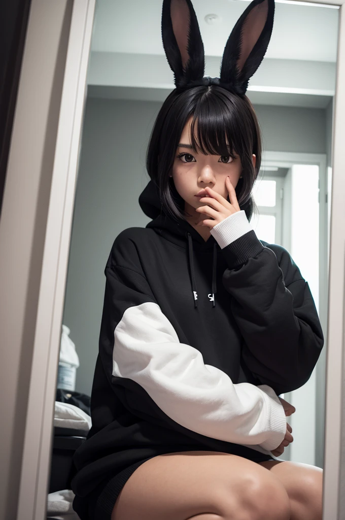 Make a black rabbit, wearing a white sweatshirt, looking sadly in the mirror