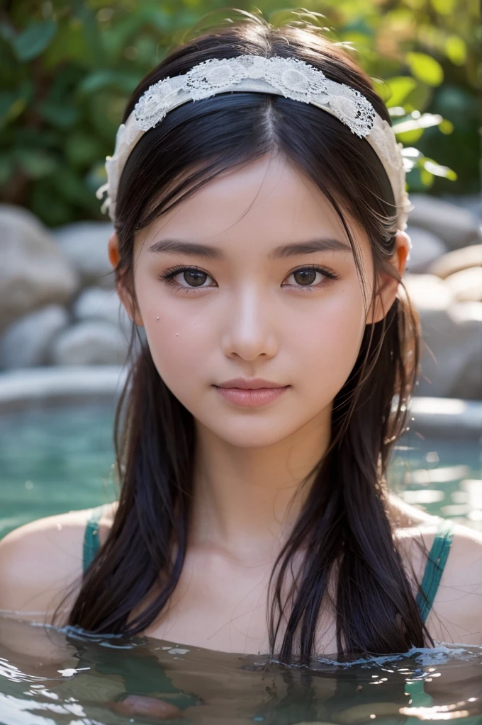 Highest quality, masterpiece, Ultra-high resolution, Supermodels bathing in Japanese hot springs, Outdoor hot spring, Stone hot spring, Moss and tree々Surrounded by, Super beautiful face, Pure Body, I can see my pores, (smile:0.8), Wearing split (lace headband:1.2), (realism:1.5), Original photo, Soaking wet, Sweaty, Bare shoulders, In the Dark, Deep Shadow, Low Key, Cold Light