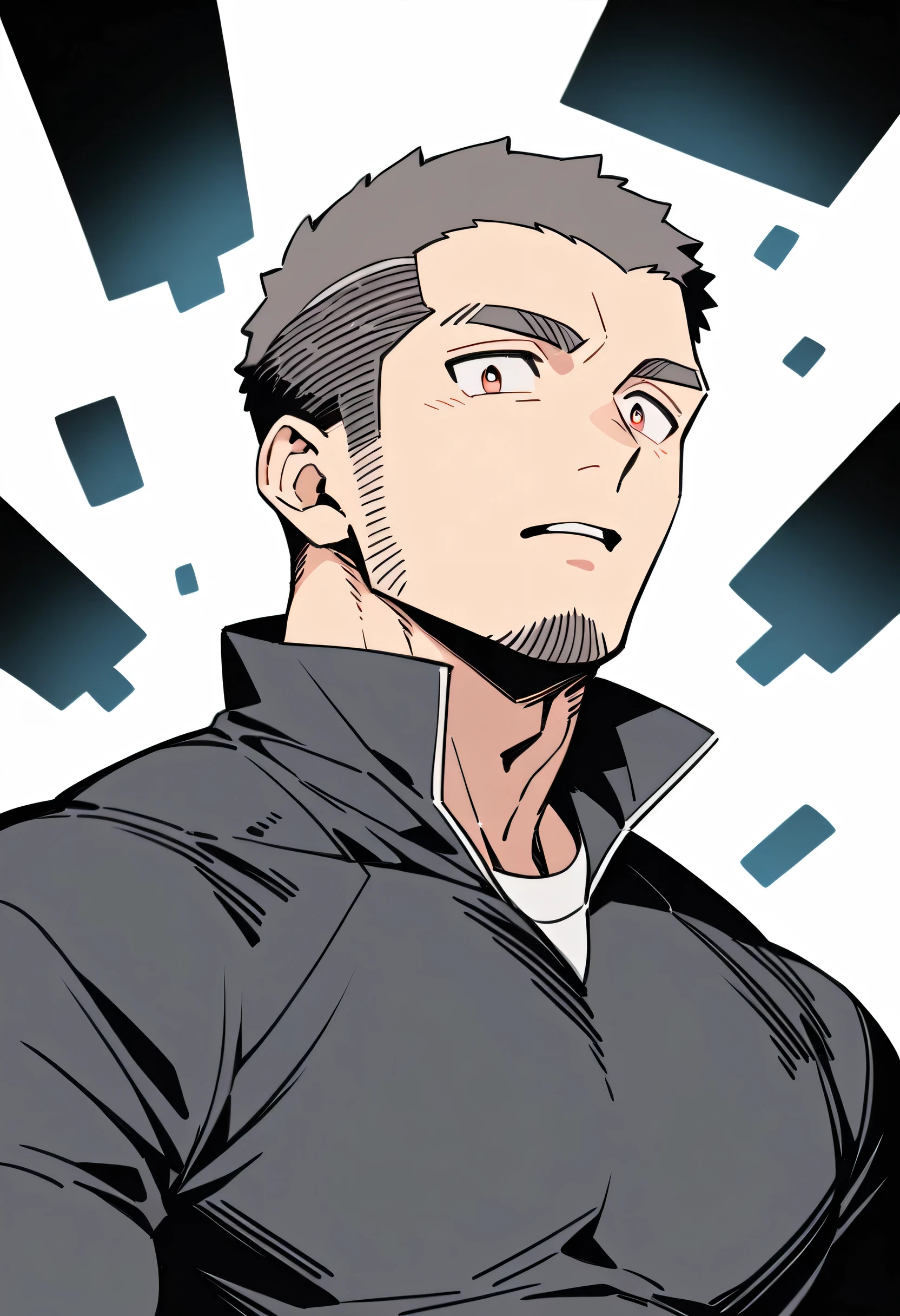 anime characters:Priapus, Muscle Sports Student, Buzz Cut, Manliness, male focus, Light Grey high collar long sleeve tight T-shirt, Very tight, Round, full and perky chest muscles, muscular male, muscular, only, Upper body, alone, Black short hair, Thick eyebrows, stubble, Brown-red pupils, White background, simple background, amazing quality, best aesthetics, Ridiculous, crew cut, parted lips, flustered, endured face, best quality