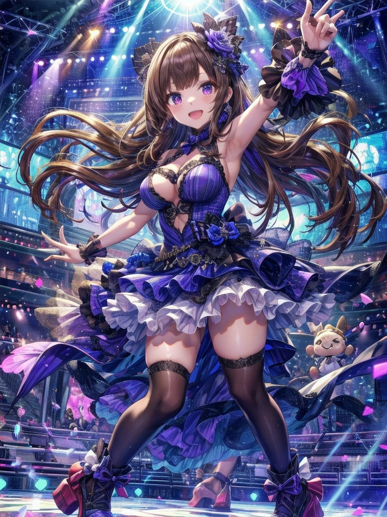 Highest quality、Complete limbs、Full Finger、Slender beauty、Straight Hair、Brown Hair、Deresute、green, White and purple idol costume、Knee-high socks、Beautiful big breasts、Live Stage、sing、Dancing、Big smile