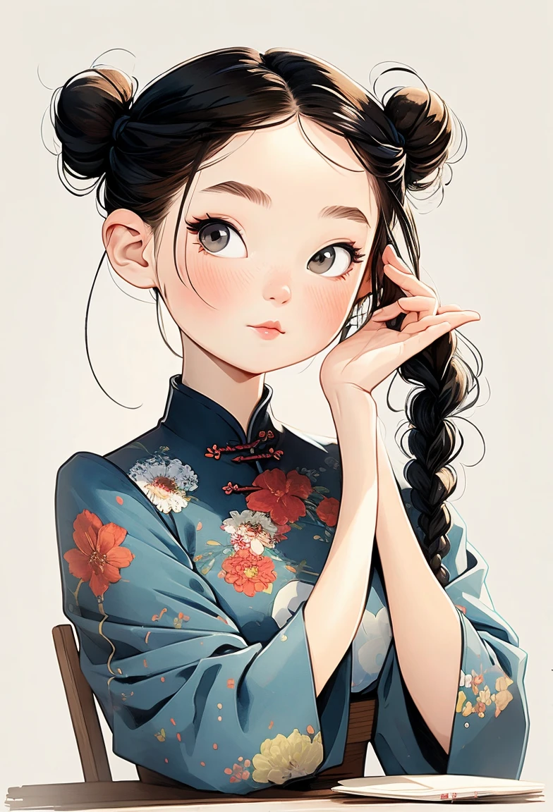 (masterpiece, best quality:1.2), watercolor painting，cartoonish character design。1 girl, alone，big white eyes，gothic dress, black hair, Cute expression，Two little braids，cheongsam，portrait，interesting，interesting，dark colours, 
