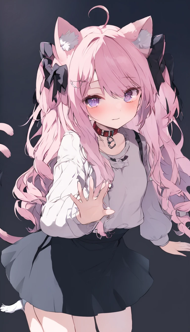 an anime with pink hair and a black dress holding a hand to stop herself from jumping, 1girl, animal ears, solo, cat ears, multicolored hair, tail, pink hair, long hair, cat tail, collar, looking at viewer, long sleeves, skirt, black skirt, cat girl, blush, animal ear fluff, shirt, hair bow, simple background
