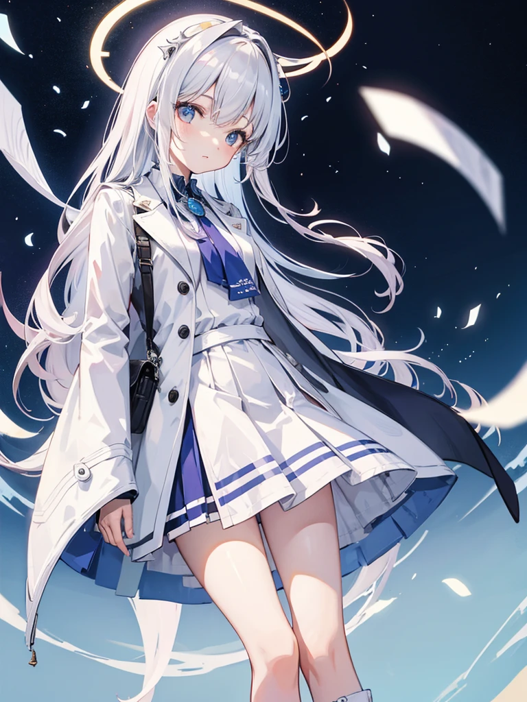 White silk tights，Short skirt，Boots，Lining，coat，White long hair，A cat lady，Loli，small headdress，White, light blue, light pink，Standing，Halo