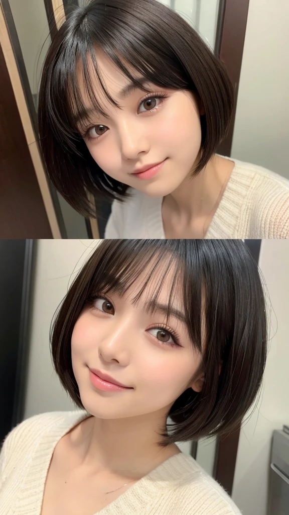 A cute girl with short hair, bob hair, and double eyelids.