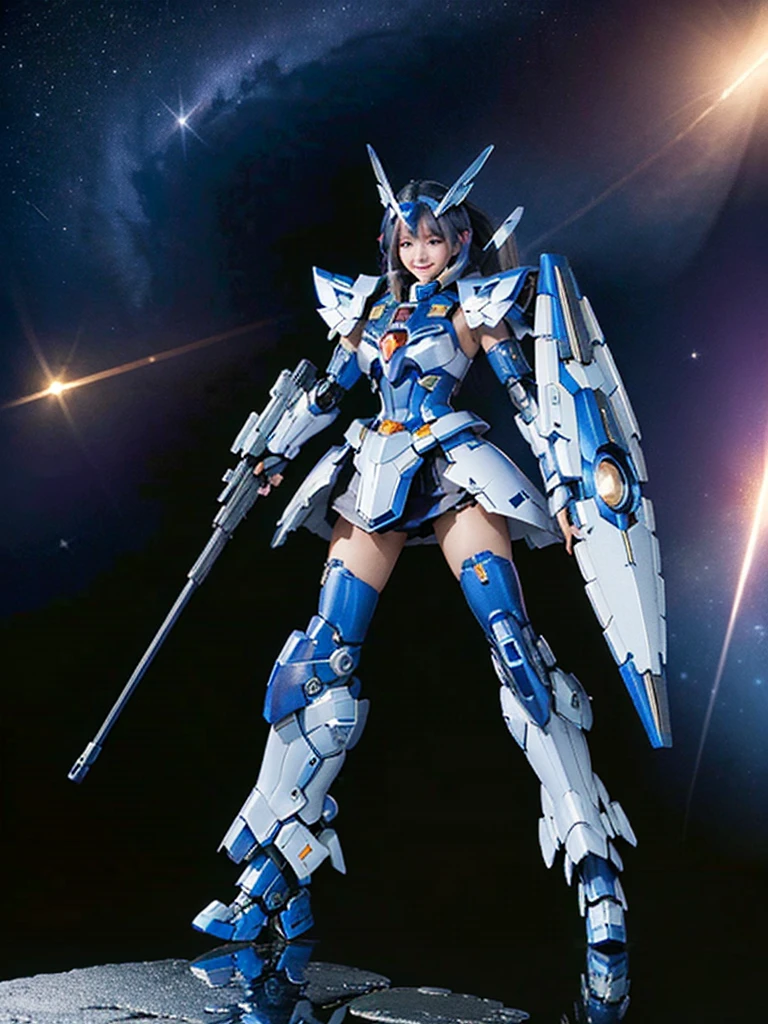 masterpiece,top-quality,Ultra-detail,very detailed illustration,ighly detailed,intricate-detail,hight resolution,super complex details,Highly detailed 8k CG wallpapers, mecha musume, machine components, Robot Joint, head gear, 1girl in,solo, mecha musume, red blush,is standing,cowboy shot, starryskybackground, Background with, Shining black metallic armor、Symmetrical Full Armor、Symmetrical mechanical wing、Funnel mounting、highleg, A smile,Being in the air、are flying、Holding a beam rifle and firing in flight、Sniping with a beam rifle in flight、