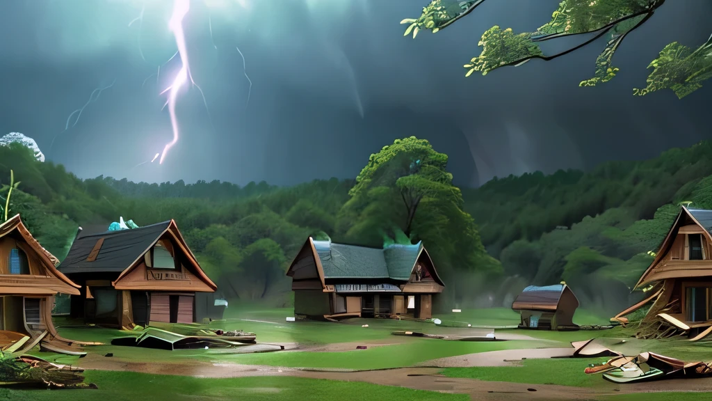 in the forest、The broken village of fairy tales、Lots of trees、((、A lot of thunder、storm、heavy rain、((tornado:1.1))、Strong wind))、((Several collapsing houses))、(Collapsed House)