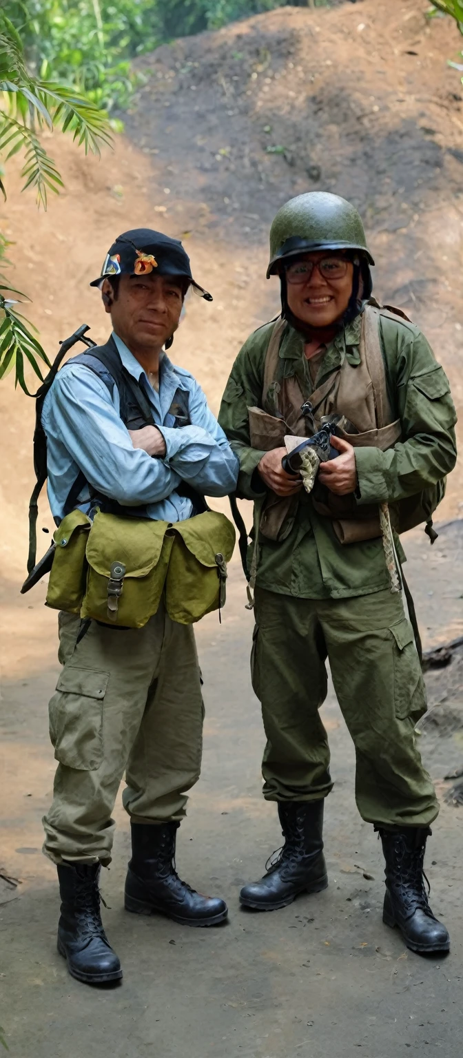 Man wearing steel pot and chinstrap, wear cotton and nylon jacket OG- 107 , OG-107 6-pocket pants, jacket with 4 pockets and button closure, He has black leather jungle boots, rubber sole and laces, The man carries and has Canteen Dressed with Belt, schoolbag, By the way, bayonet,Grenades,ammunition, rifle, dressed as a war soldier, of them intricate, photo taken in the jungle of vietnam, jungle scene,