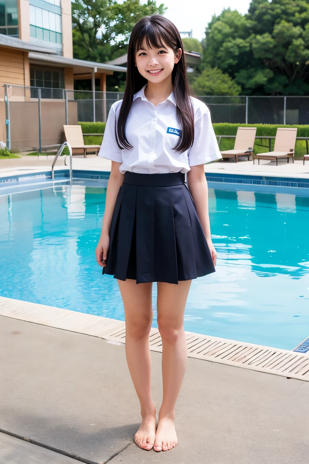 Standing barefoot by the pool、Japanese high school girls、Long black hair、Smiling、Summer uniform、mini skirt、Full body portrait