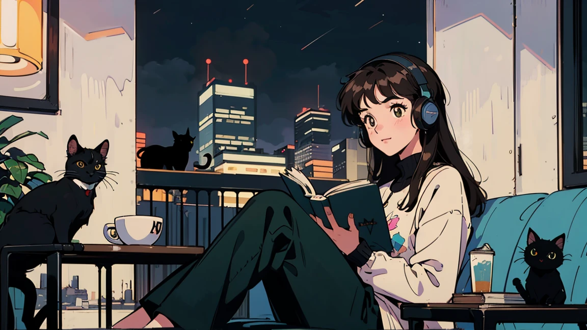 Highest quality, 8k, 1990s style,Hairstyles of the 2010s, 21 year old girl, Black Hair, Light brown eyes, City Pop, pants ,Night view, Wear headphones,Reading a book, whole body, Relax Coffee,table,making,look at me, Black cat