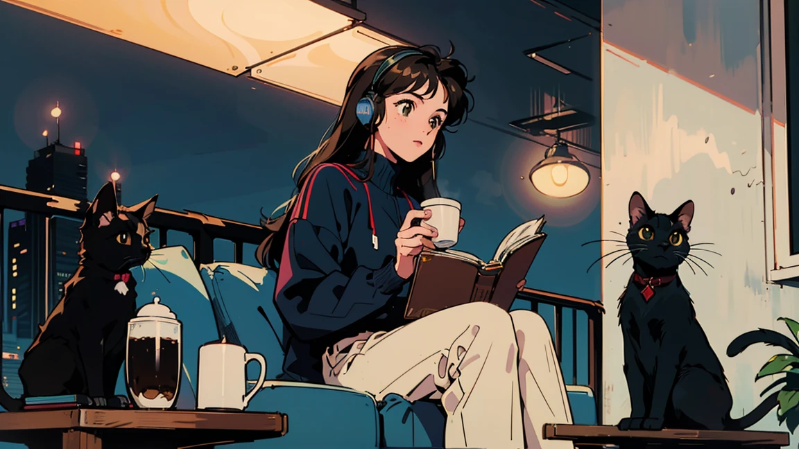 best quality, 8K, 1990s style,2010s hairstyles, 21 year old girl, black hair, long hair, light brown eyes, city pop, pants ,night view, wearing headphones,reading a book, whole body,  relax coffee,table,confection,Looking at me, Black cat

