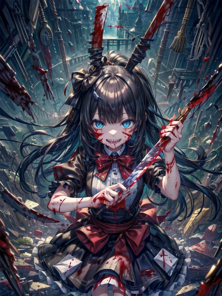 Highest quality, 4K,masterpiece, Very detailed, 8K, High detail, Sharp focus, One girl, alone, Alice in Wonderland, Black Hair, Fine grain, , smile, gesugao, (邪悪なsmile:1.1), Sharp teeth, (Crazy Blue Eyes:1.2), Yandere, Holding a knife, (Blood splatter:1.4)