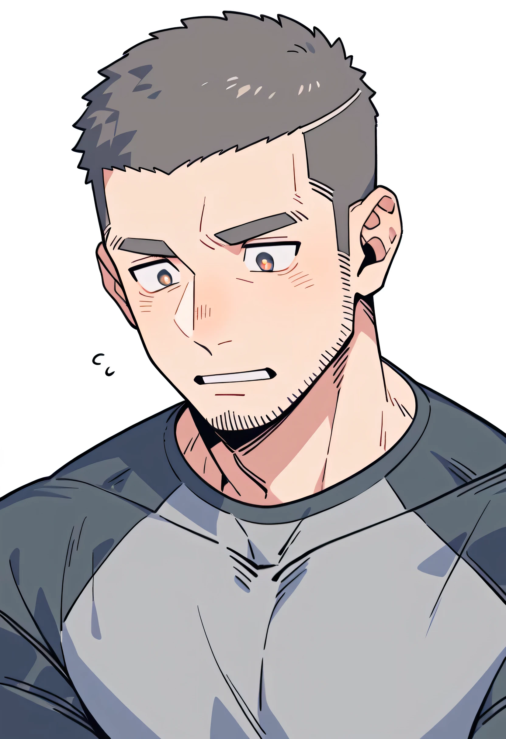 anime characters:Priapus, Muscle Sports Student, Buzz Cut, Manliness, male focus, Light Grey high collar long sleeve tight T-shirt, Very tight, full and perky chest muscles, muscular male, muscular, only, Upper body, alone, Black short hair, Thick eyebrows, stubble, Brown-red pupils, White background, simple background, amazing quality, best aesthetics, Ridiculous, crew cut, parted lips, flustered, endured face, negative space, best quality