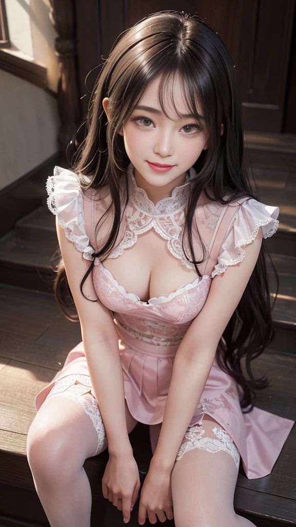 8K RAW Photos、High resolution、25-year-old female teacher、Dark brown long hair、Bans、Formal Shirt、Frilled Skirt、A cheerful smile、Long eyelashes、Beautiful double eyelids、eye shadow、Beautiful slim legs、pantyhose、Daytime staircase、squat、get up、Spread your legs、Luxury High Heels、(Intricate details:1.4),(Photorealistic:1.4),Octane Rendering, 複雑な3DレンダリングのSuper detailed, Studio Soft Light, Rim Light, Vivid Details, Super detailed, Realistic skin texture, Detailed aspect, Beautiful details in the eyes, (Detailed Background:1.2) Pink lace underwear、frontage、Embarrassing、Shyness、cute