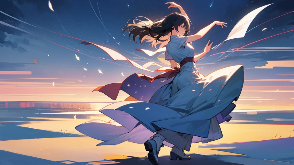1 persons、Distant girl in tight white dress walks on medieval beach、The scenery is emphasized、The stars are beautiful、