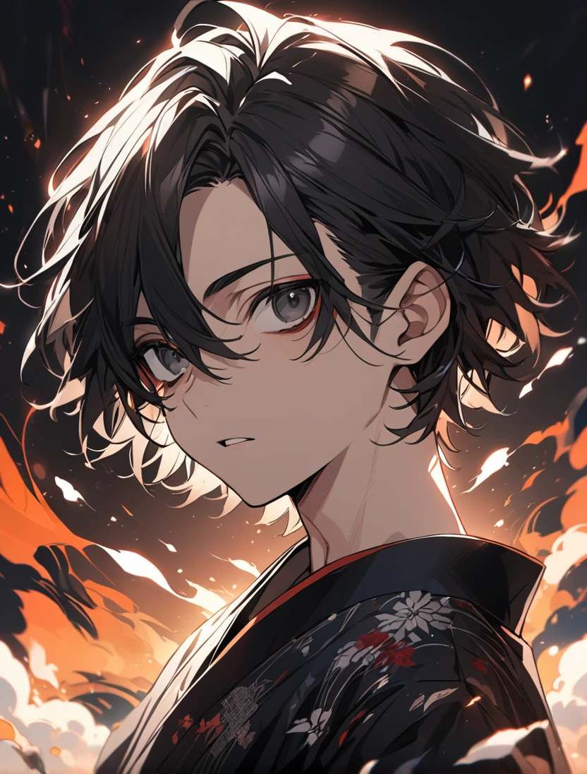 (black_hair), (short_hair), (deep_black_eyes), (high_detailed_eyes), (attractive), (male), (unique_dark_colored_kimono), (detailed_Hair), (detailed), (detailed_mouth), (ager), (dark_under_eyes), (dazzling)