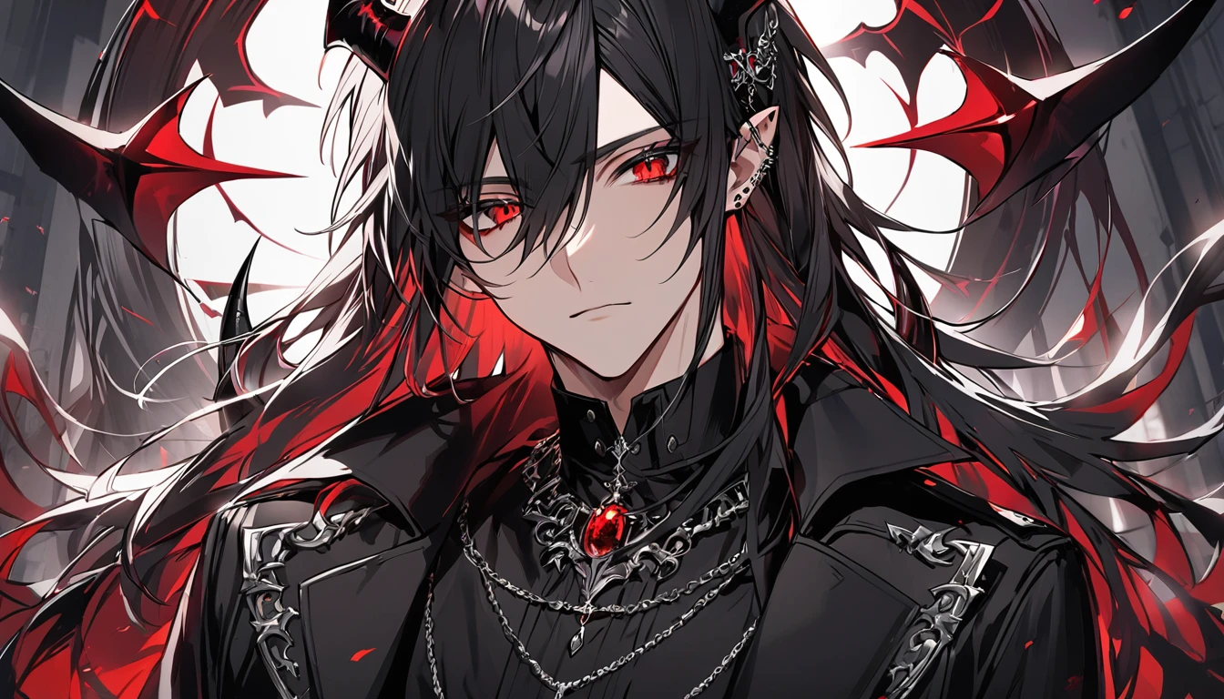 alone, good looking, 1 male, Long hair, Middle parted hair, Black hair, Red eyes, Black shirt, Black Trench Coat, Royal Demon Silver Jewellery, Black horns, Front Facing, Vtuber Front Facing Camera