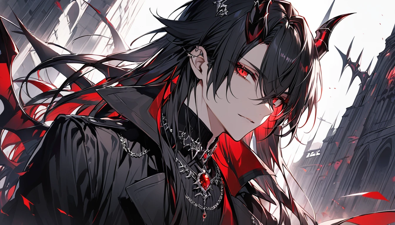 alone, good looking, 1 male, Long hair, Middle parted hair, Black hair, Red eyes, Black shirt, Black Trench Coat, Royal Demon Silver Jewellery, Black horns, Front Facing, Vtuber Front Facing Camera
