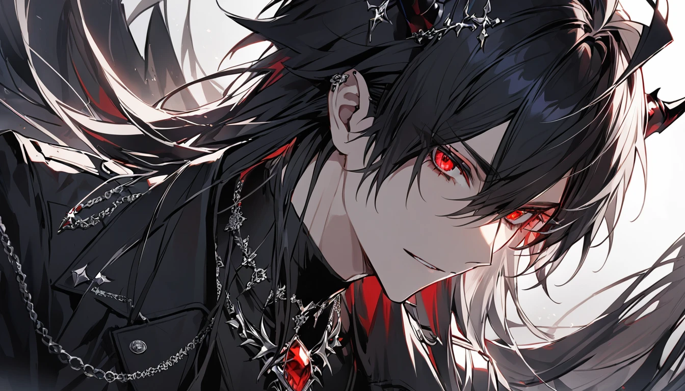 alone, good looking, 1 male, Long hair, Middle parted hair, Black hair, Red eyes, Black shirt, Black Trench Coat, Royal Demon Silver Jewellery, Black horns, Front Facing, Vtuber Front Facing Camera
