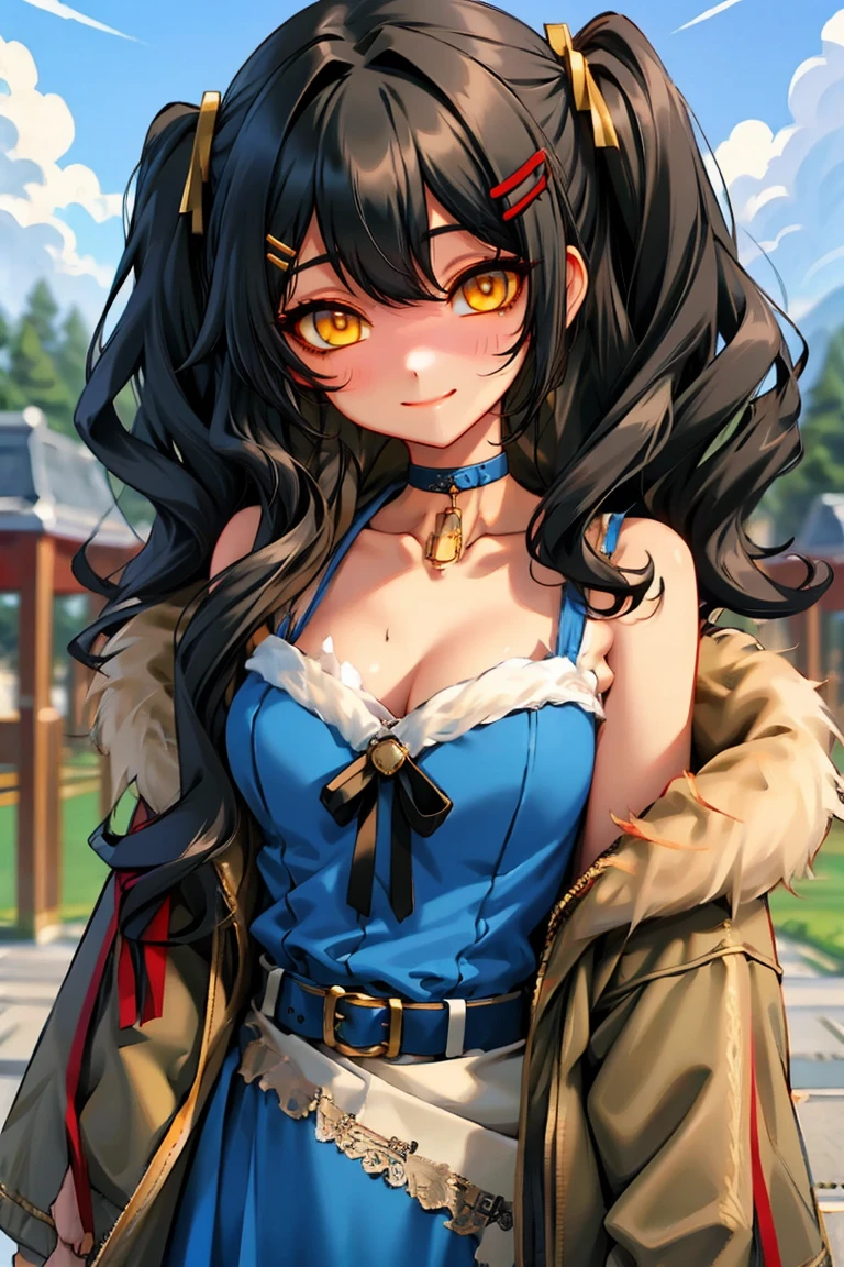 (masterpiece:1.2), (high quality:1.2), hui xiyi, rekkyo sensen, rekkyou sensen, girls with((1girl, solo, black hair, yellow eyes, (wavy long hair, one side up, hairclips:1.3), bare shoulder, blush, breasts, choker, cleavage, coat, cowboy shot, blue lace dress, camisole, ribbon waist belt, black ribbon belt, collar, collarbone, rosary, rosary choker, cross, fur, fur trim, parka, khaki hoodie, green hoodie, khaki jacket, hood down, hooded coat, hooded jacket, hoodie, jacket, large breasts, long sleeves, medium breasts, open clothes, open coat,open hoodie, sleeveless, winter clothes, zipper, cleavage, upper body, hand up, waving, palm)), background with((architecture, blue sky, bush, castle, village, no humans, cloud, cloudy sky, day, field, garden, grass, hill, house, lamppost, landscape, mountain, mountainous horizon, nature, no humans, outdoors, scenery, shrine, sky))