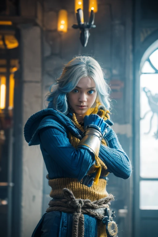 A blue and yellow-haired girl wears viking helmet wields the Heavy Thrusting Swords from within the Elden Ring in a reverse grip.