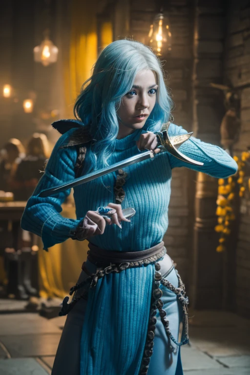A blue and yellow-haired girl wears viking helmet wields the Heavy Thrusting Swords from within the Elden Ring in a reverse grip.