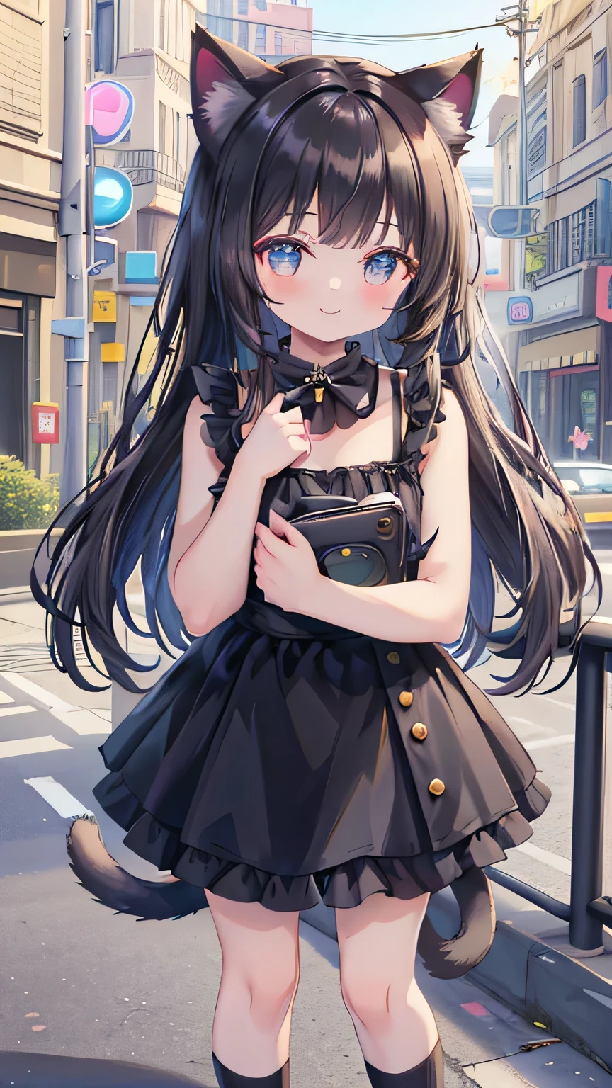 masterpiece, best quality, 4k, caustics, high details, 1girl, smile, cute, standing, cat ear, black long hair, black sundress, flat chest, miniskirt, socks, loafer, cat tail, street