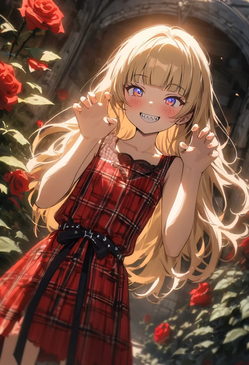 ((Masterpiece)), ((best quality)), (super detail:1.2),(High Definition:1.3), (Professional Photography:1.2), (very aesthetic:1.2), (absurdres:1.2), (wide shot), cinematic lighting, (sharp focus), (perfect light), ((1girl)), (Rough sketch:1.4), (()), (❤️🖤💗💔), cute young Girl, Glossy unruly hair, (loose blunt bangs), blonde hair with red mesh, (red mesh hair), long hair, big eyes, (long eyelashes), ((jagged teeth)), colorful eyes, (Unfocused eyes), blush, ((naughty smile)), open mouth, ribbon belt, joy, (cute Plaid tanktop), barearms, ((claw pose)), (colorful:1.3), gothic makeup, Wall with graffiti of roses, 👄, ((against in beautiful Fantastic garden)), (red roses garden), gothic artstyle, ((obscurity atmosphere)),