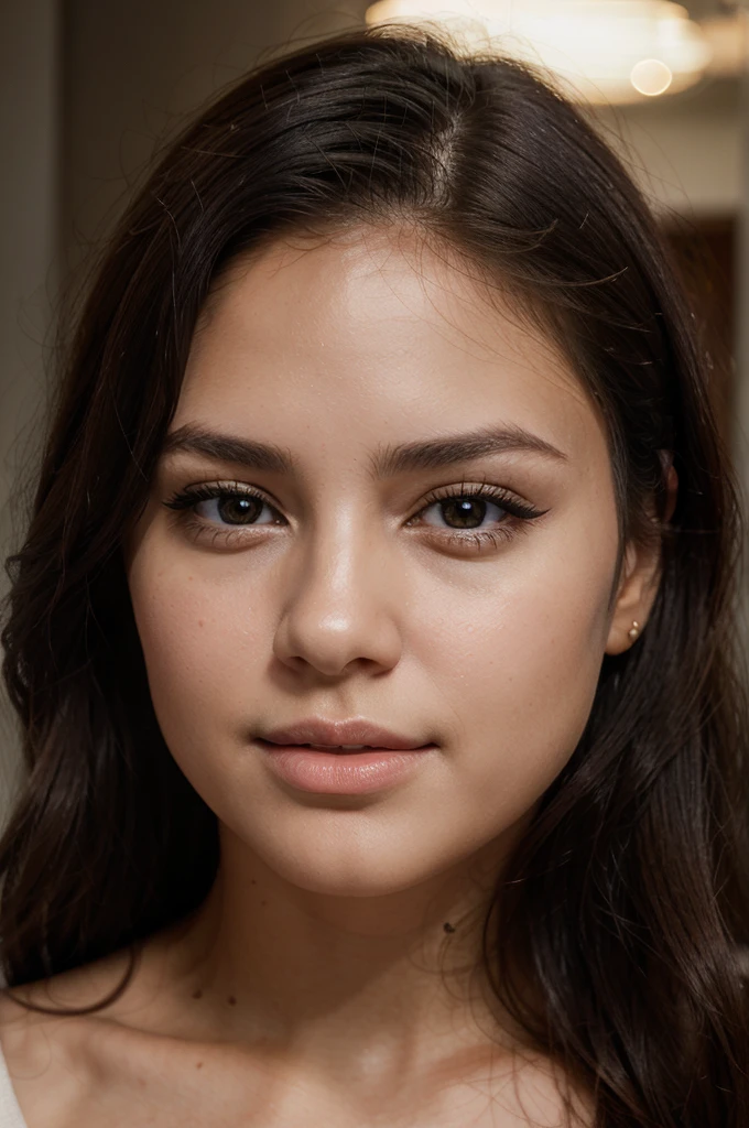 a beautiful young woman, cute woman, pretty woman, face detailled, lightnning luminosity, persistant regard, beautiful look, detailed portrait, realistic, beutiful hair, gorgeous face, plump lips, black eyes, dimple, high quality, 8k, hyper realistic, photorealistic award winning, studio lighting, latina girl, mixed race, bronze, little face, cute face, european beauty