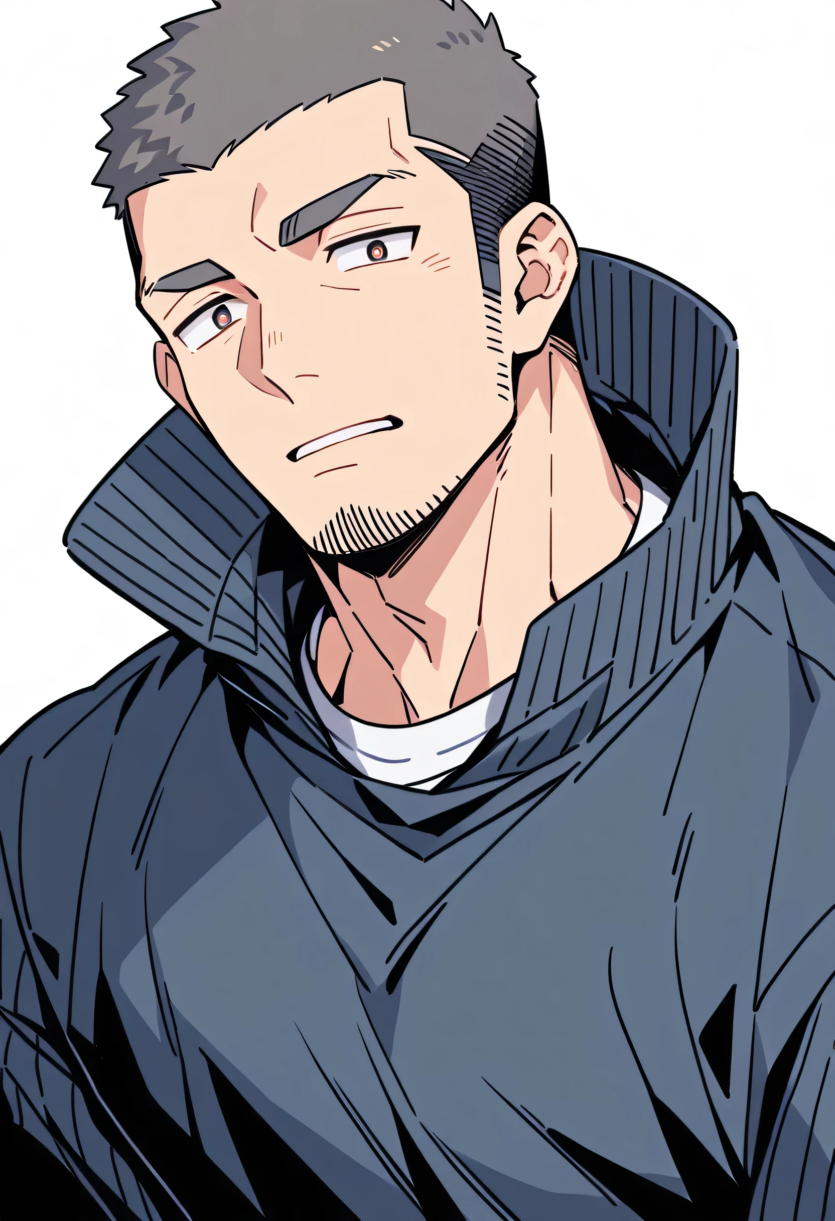 anime characters:Priapus, Muscle Sports Student, Buzz Cut, Manliness, male focus, Light Grey high collar long sleeve tight T-shirt, Very tight, full and perky chest muscles, muscular male, muscular, only, Upper body, alone, Black short hair, Thick eyebrows, stubble, Brown-red pupils, White background, simple background, amazing quality, best aesthetics, Ridiculous, crew cut, parted lips, flustered, endured face, negative space, best quality