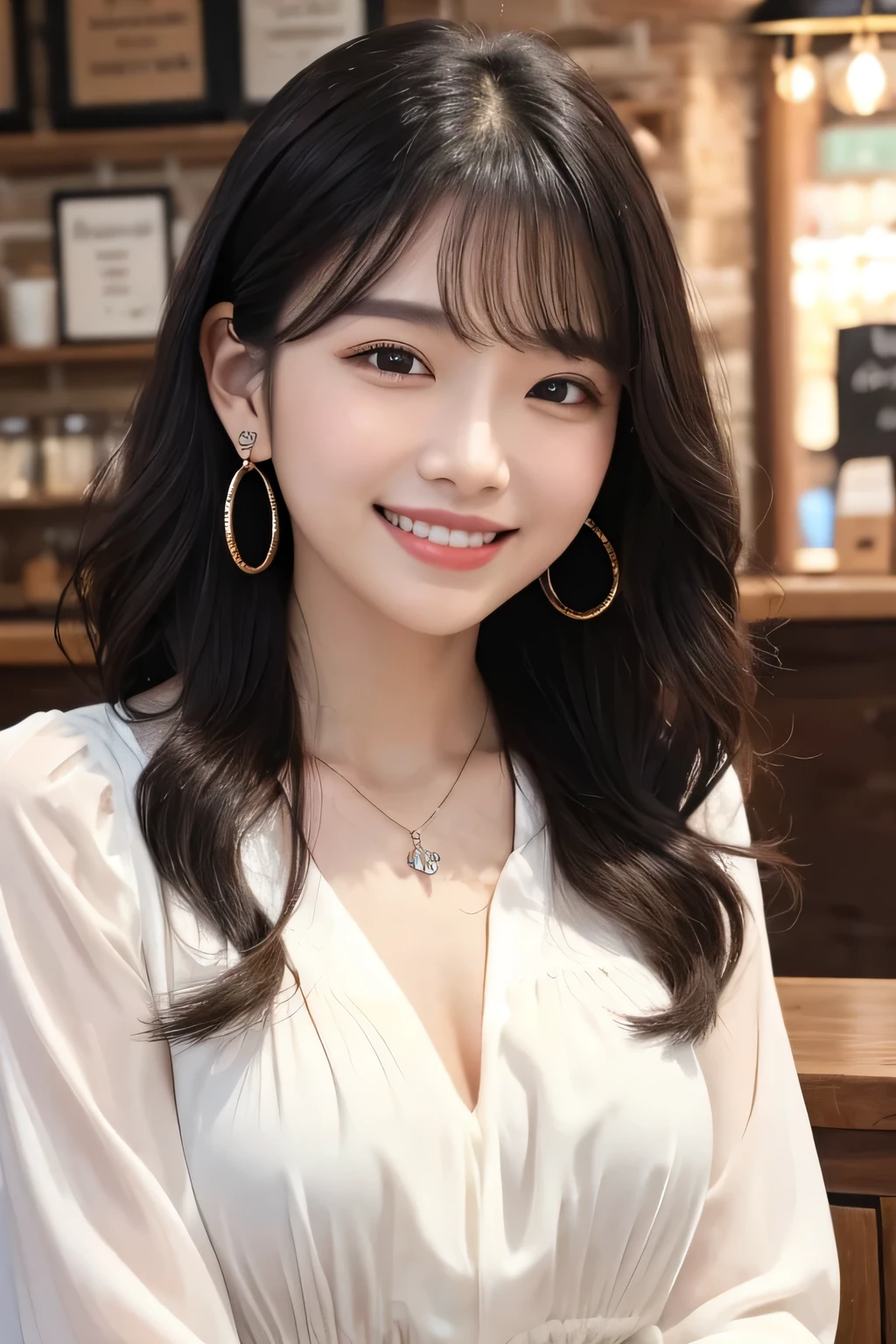 Black Hair、Clear beauty、、Wavy Hair、Long sleeve blouse、Ear piercing、Necklace around the neck、smile、Beautiful teeth alignment、Intricate details, Very detailed:1.2), 、 Looking into the camera、The background is a coffee shop

