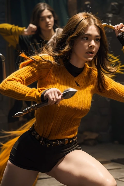 A orange and yellow and black-haired girl wears viking helmet wields the Heavy Thrusting Swords from within the Elden Ring in a reverse grip.