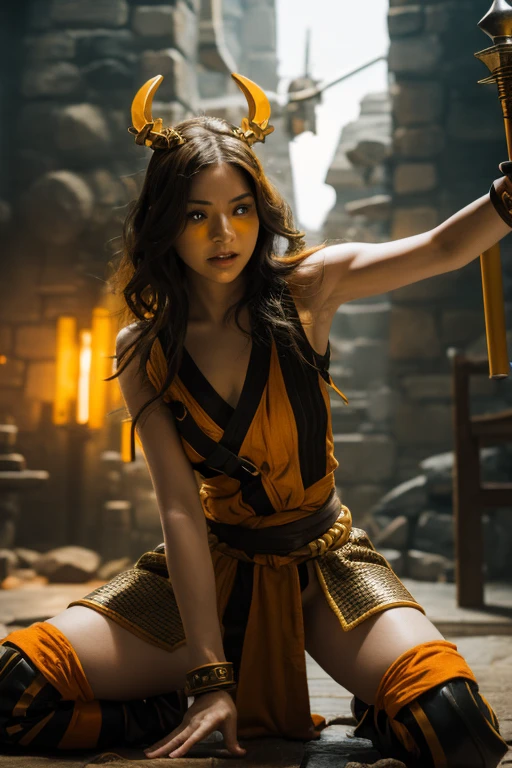 A orange and yellow and black-haired girl wears viking helmet wields the Heavy Thrusting Swords from within the Elden Ring in a reverse grip.