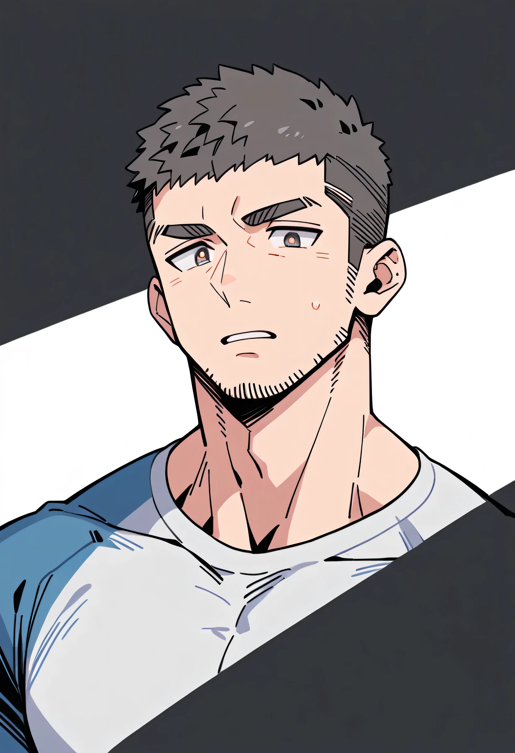 anime characters:Priapus, Muscle Sports Student, Buzz Cut, Manliness, male focus, Light Grey high collar long sleeve tight T-shirt, Very tight, full and perky chest muscles, muscular male, muscular, only, Upper body, alone, Black short hair, Thick eyebrows, stubble, Brown-red pupils, White background, simple background, amazing quality, best aesthetics, Ridiculous, crew cut, parted lips, flustered, endured face, negative space, best quality