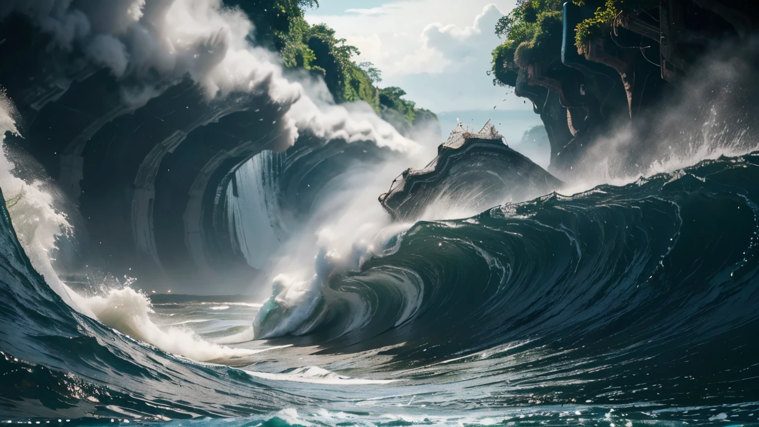 The sea wave advances over the river, goes up the river destroying both banks, the sea wave enters the river causing it to retreat in a large wave, facing him, the wave is transverse to the banks and rises up the river with the force of a tsunami, destroying the sides. A tsunami penetrating the Atlantic into the Amazon River a tsunami entering the Amazon River facing it, A giant wave, Amazon, rises up the Amazon River, devastating the sides, it is a giant wave and a tsunami invading the Amazon River, devastating the sides, the Amazon River at its mouth is 300 km wide and narrows as it goes up the rivers reaching 15 km wide the wave is only around 8 meters high but reaches the entire length from side to side of the river bank an image Super detailed of the Pororoca at the mouth of the Amazon River the Pororoca is a phenomenon when the Atlantic invades the Amazon River when it appears it overcomes the strength of the giant River and rises up the River and as it rises the River destroys trees and ravines on the banks of the Amazon River ((best quality)), ((masterpiece)), (detailed),