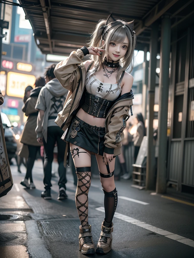 (Full Body View:1.2)、(Smiling with teeth showing:1.3),(Shibuya Gal:1.5)、(Beautiful:1.5)、(Neo-goth fashion:1.5)、(Punk RockVisual Kei:1.5)、(An off-the-shoulder hoodie in khaki and brown with delicate silver accessories.:1.5)、(A corset with a delicate beige and brown design:1.4)、(Khaki and brown snakeskin bodysuit:1.5)、(head band:1.3)、(Beige and charcoal knee socks:1.4)、Embellished collar and long boots、(I&#39;m selling snake print underwear.:1.4)、(Long eyelashes:1.3)、(20-year-old)、((Highest quality、8k、masterpiece:1.3))、1 Female、Slim and beautiful abs:1.3、(hairstyle casual、Beautiful boobs:1.1)、(Doing an aerobics pose:1.3)、dress:1.1、Super small face、Narrow eyes、double eyelid、A sloppy smile、Esbian all over、Dynamic Angle、Close-up、CPL Filter、Blurred Background、Bokeh、Blue Hour、Detailed face and skin texture、Detailed eyes、,(Twin tails:1.3)、(Black brown hair:1.3)、Gravure idol、(The background is a glamorous dance hall:1.3)、(Make your legs thinner:1.4)、(Slim body:1.3)、(clavicle:1.1)
