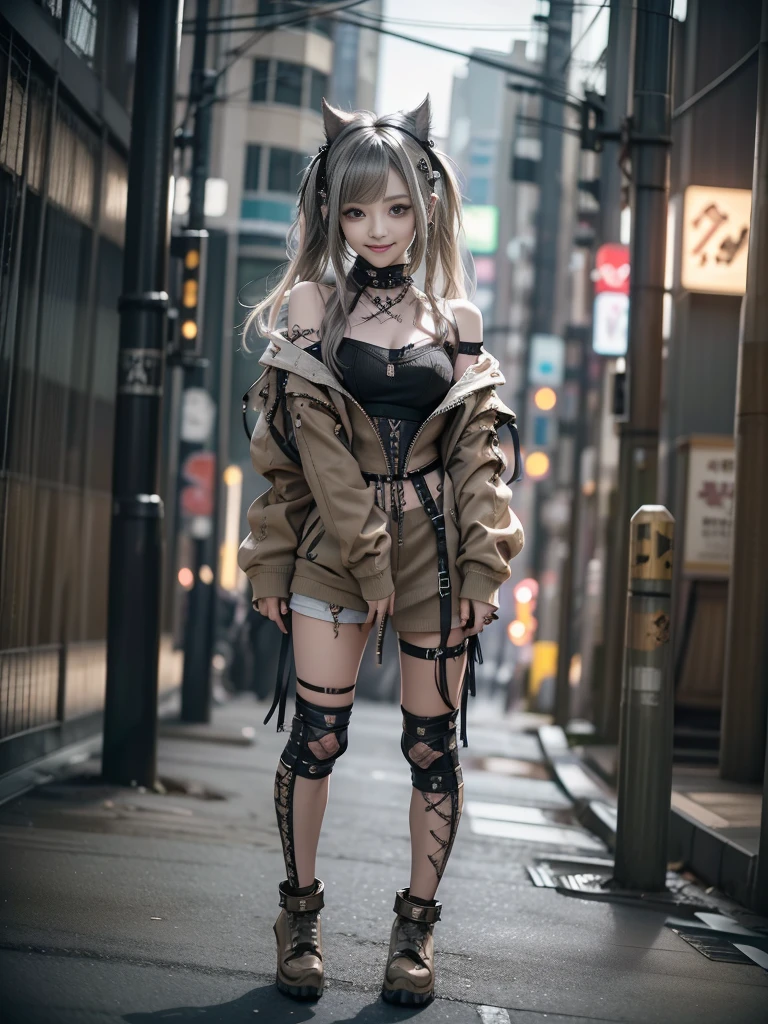 (Full Body View:1.2)、(Smiling with teeth showing:1.3),(Shibuya Gal:1.5)、(Beautiful:1.5)、(Neo-goth fashion:1.5)、(Punk RockVisual Kei:1.5)、(An off-the-shoulder hoodie in khaki and brown with delicate silver accessories.:1.5)、(A corset with a delicate beige and brown design:1.4)、(Khaki and brown snakeskin bodysuit:1.5)、(head band:1.3)、(Beige and charcoal knee socks:1.4)、Embellished collar and long boots、(I'm selling snake print underwear.:1.4)、(Long eyelashes:1.3)、(20-year-old)、((Highest quality、8k、masterpiece:1.3))、1 Female、Slim and beautiful abs:1.3、(hairstyle casual、Beautiful boobs:1.1)、(Doing an aerobics pose:1.3)、dress:1.1、Super small face、Narrow eyes、double eyelid、A sloppy smile、Esbian all over、Dynamic Angle、Close-up、CPL Filter、Blurred Background、Bokeh、Blue Hour、Detailed face and skin texture、Detailed eyes、,(Twin tails:1.3)、(Black brown hair:1.3)、Gravure idol、(The background is a glamorous dance hall:1.3)、(Make your legs thinner:1.4)、(Slim body:1.3)、(clavicle:1.1)
