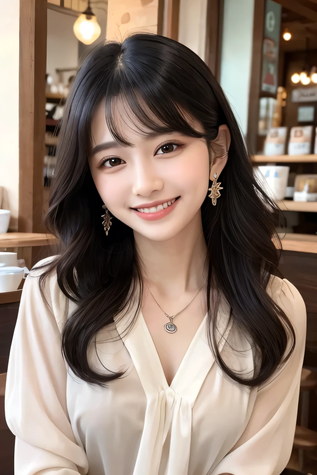 Black Hair、Clear beauty、、Wavy Hair、Long sleeve blouse、Ear piercing、Necklace around the neck、smile、Beautiful teeth alignment、Intricate details, Very detailed:1.2), 、 Looking into the camera、The background is a coffee shop

