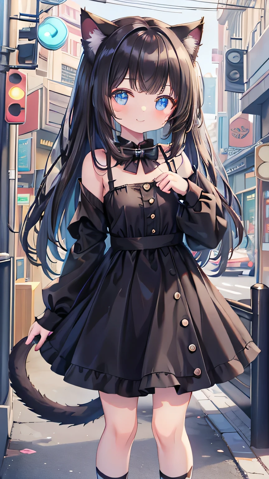 masterpiece, best quality, 4k, caustics, high details, 1girl, smile, cute, standing, cat ear, black long hair, black sundress, flat chest, miniskirt, socks, loafer, cat tail, street