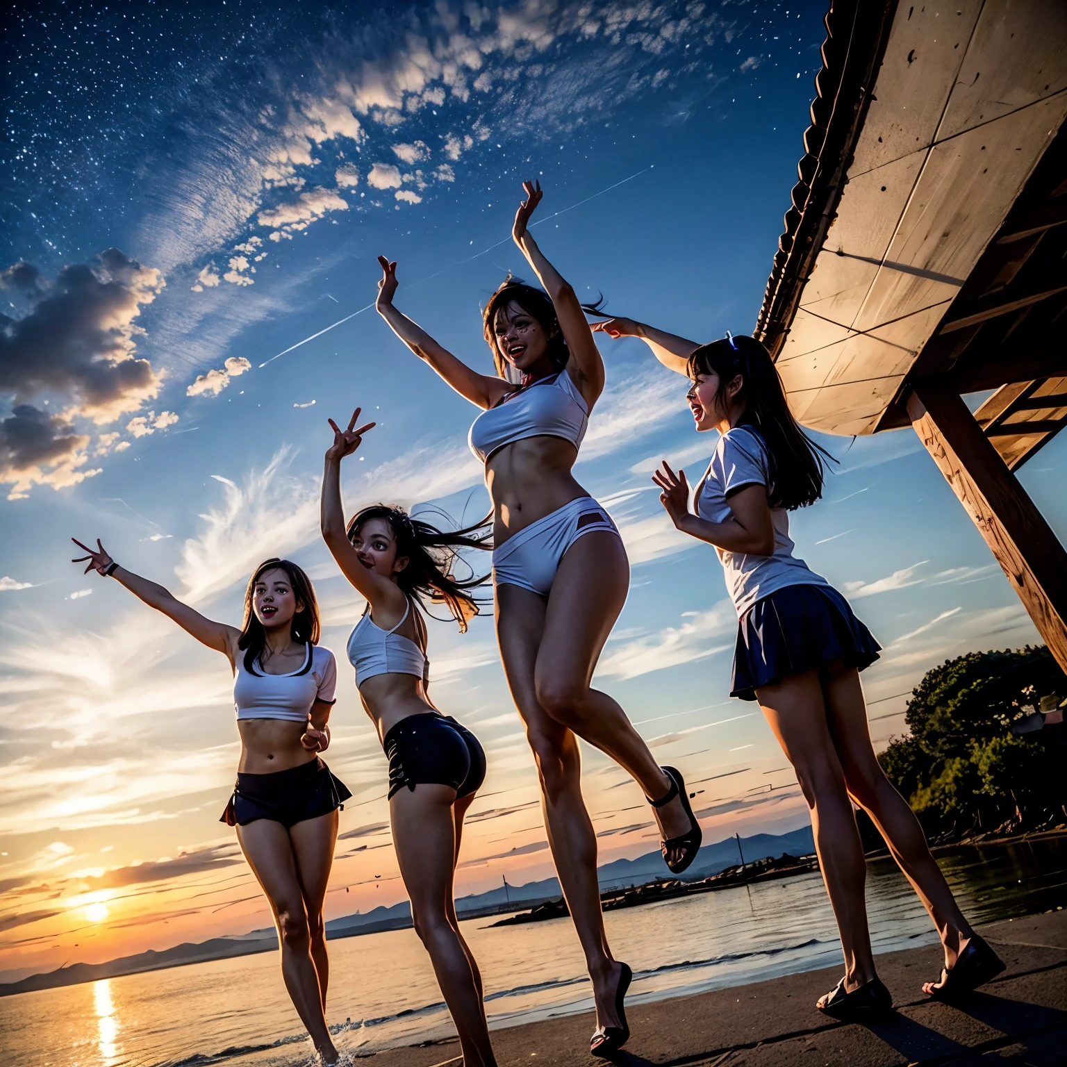  Masterpiece of ProfessionalPhoto ((ExtremelyDetailed (12 PICHIPICHI KAWAII Girls Floating in The Air in a row:1.37) in WHITE at Dusk Enoshima Beach)), {(Standing Full Body:1.2)|(from below:1.2)|Detailed KAWAII face}, Different types of hair colors, {(skinny(school swimwear))|(SchoolUniform)with Tiny AthleticShorts}, {(Corrected Childish hand)|Hidden hand|Different types of breasts|(Clearly Visible the shape of Butt)}, Joyful Expressions LifeLike Rendering, Detailed clothing texture, PerfectLighting, (Dazzling Horizon Visible through ThighGap), (Starry IridescentParticles:1.22) ColorfulClouds